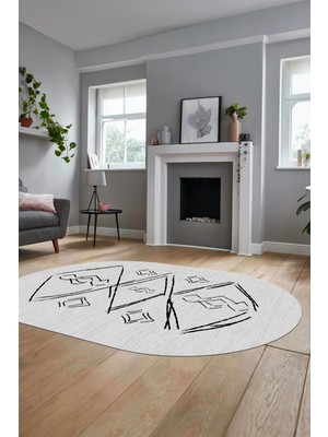 Evdeya Baskılı Kaymaz Yıkanabilir Şık Modern Oval Yolluk Mutfak Halısı Salon Halısı O-Modern-59-Gri