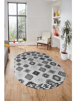 Evdeya Etnik Baskılı Kaymaz Taban Yıkanabilir Modern Oval Yolluk Salon Halısı O-Modern-99-Gri