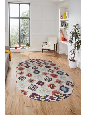 Evdeya Etnik Baskılı Kaymaz Taban Yıkanabilir Modern Oval Yolluk Salon Halısı O-Modern-99-Renkli