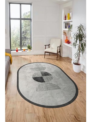 Evdeya Baskılı Kaymaz Taban Yıkanabilir Modern Oval Yolluk Mutfak Salon Halısı O-Modern-94-Gri