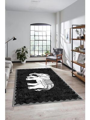 Evdeya Fil Desen Baskılı Kaymaz Taban Yıkanabilir Modern Yolluk Salon Halısı MODERN-101-ANTRASİT