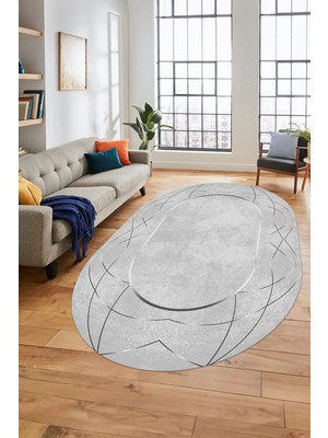 Evdeya Baskılı Kaymaz Yıkanabilir Zarif Modern Oval Yolluk Mutfak Halısı Salon Halısı O-Modern-62-Gri