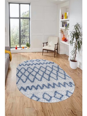 Evdeya Modern Kilim Desen Dijital Kaymaz Yıkanabilir Oval Yolluk Mutfak Salon Halısı O-Modern-92-Mavi