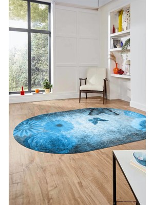 Evdeya Baskılı Kaymaz Taban Yıkanabilir Modern Oval Yolluk Mutfak Salon Halısı O-MODERN-109-MAVİ
