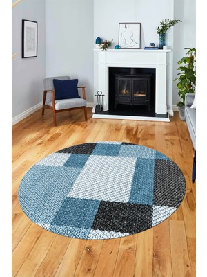 Evdeya 3D Renkli Modern Tasarım Kaymaz Yıkanabilir Yuvarlak Mutfak Salon Halısı Y-Modern-77-Mavi