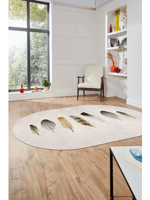Evdeya Yaprak Desenli Baskılı Kaymaz Taban Yıkanabilir Oval Yolluk Salon Halısı O-MODERN-115-KREM