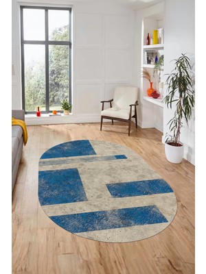 Evdeya Baskılı Kaymaz Taban Yıkanabilir Modern Oval Yolluk Mutfak Salon Halısı O-Modern-93-Mavi