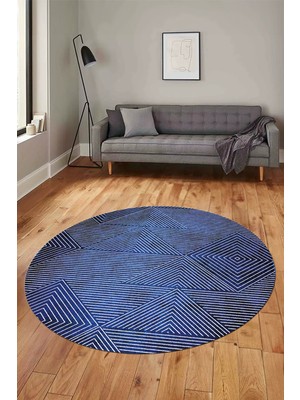 Evdeya Şık Desen Baskılı Kaymaz Taban Yıkanabilir Modern Yuvarlak Salon Halısı Y-MODERN-111-MAVİ