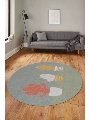 Evdeya Kaktüs Desen Baskılı Kaymaz Taban Yıkanabilir Modern Yuvarlak Salon Halısı Y-MODERN-106-VİZON