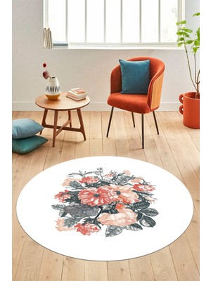 Evdeya 3D Modern Çiçek Desen Dijital Kaymaz Yıkanabilir Yuvarlak Mutfak Salon Halısı Y-Modern-35-Beyaz
