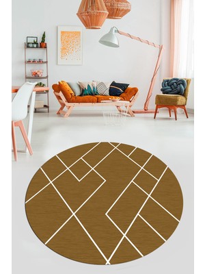 Evdeya Baskılı Kaymaz Yıkanabilir Çizgili Modern Yuvarlak Mutfak Halısı Salon Halısı Y-Modern-58-Kahve