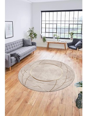 Evdeya Baskılı Kaymaz Yıkanabilir Zarif Modern Yuvarlak Mutfak Halısı Salon Halısı Y-Modern-62-Bej