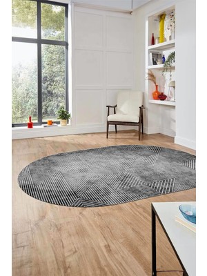 Evdeya Şık Desen Baskılı Kaymaz Taban Yıkanabilir Modern Oval Yolluk Salon Halısı O-MODERN-111-GRİ