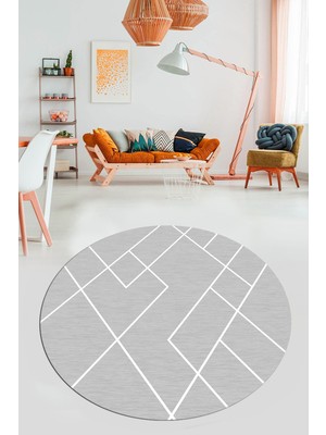 Evdeya Baskılı Kaymaz Yıkanabilir Çizgili Modern Yuvarlak Mutfak Halısı Salon Halısı Y-Modern-58-Gri