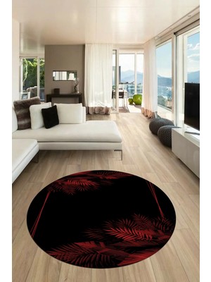 Evdeya Modern Yaprak Desen Dijital Kaymaz Yıkanabilir Yuvarlak Mutfak Salon Halısı Y-Modern-26-Bordo
