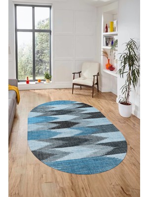Evdeya Renkli Desen Baskılı Kaymaz Taban Yıkanabilir Modern Oval Yolluk Salon Halısı O-MODERN-104-MAVİ