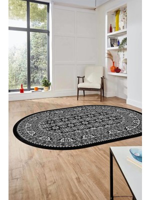 Evdeya Etnik Desen Baskılı Kaymaz Taban Yıkanabilir Modern Oval Yolluk Salon Halısı O-MODERN-113-ANTRASİT