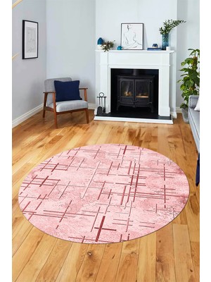 Evdeya Sade Desen Modern Dijital Kaymaz Yıkanabilir Yuvarlak Mutfak Salon Halısı Y-Modern-89-Pembe