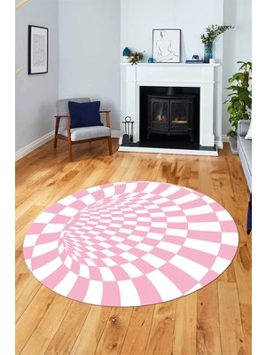 Evdeya 3D Renkli Modern Tasarım Kaymaz Yıkanabilir Yuvarlak Mutfak Salon Halısı Y-Modern-78-Pembe