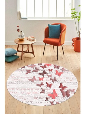 Evdeya Baskılı Kaymaz Yıkanabilir Kelebek Desen Yuvarlak Mutfak Salon Halısı Y-Modern-42-Pembe