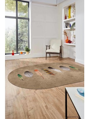 Evdeya Yaprak Desenli Baskılı Kaymaz Taban Yıkanabilir Oval Yolluk Salon Halısı O-MODERN-115-KAHVE