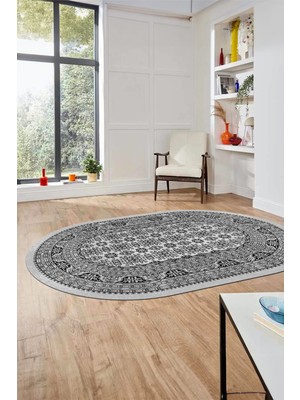 Evdeya Etnik Desen Baskılı Kaymaz Taban Yıkanabilir Modern Oval Yolluk Salon Halısı O-MODERN-113-GRİ