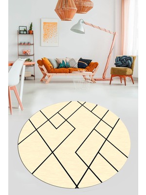 Evdeya Baskılı Kaymaz Yıkanabilir Çizgili Modern Yuvarlak Mutfak Halısı Salon Halısı Y-Modern-58-Krem