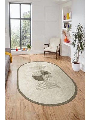 Evdeya Baskılı Kaymaz Taban Yıkanabilir Modern Oval Yolluk Mutfak Salon Halısı O-Modern-94-Vizon