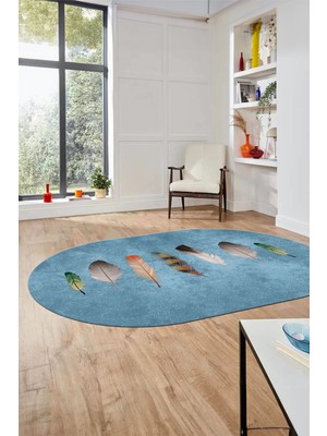 Evdeya Yaprak Desenli Baskılı Kaymaz Taban Yıkanabilir Oval Yolluk Salon Halısı O-MODERN-115-MAVİ