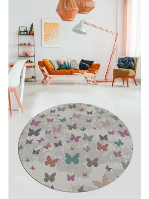 Evdeya Baskılı Kaymaz Yıkanabilir Modern Kelebek Desen Yuvarlak Salon Halısı Y-Modern-51-Renkli