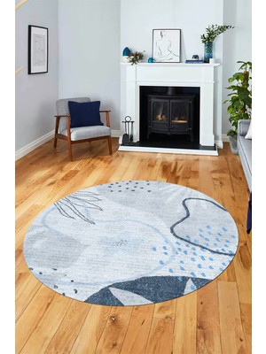 Evdeya Yaprak Desen Modern Tasarım Kaymaz Yıkanabilir Yuvarlak Mutfak Salon Halısı Y-Modern-79-Mavi