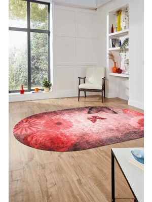 Evdeya Baskılı Kaymaz Taban Yıkanabilir Modern Oval Yolluk Mutfak Salon Halısı O-MODERN-109-KIRMIZI