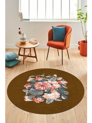 Evdeya 3D Modern Çiçek Desen Dijital Kaymaz Yıkanabilir Yuvarlak Mutfak Salon Halısı Y-Modern-35-Kahve