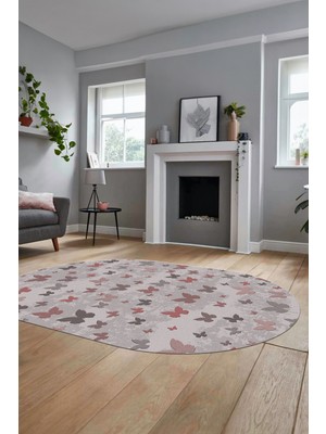 Evdeya Baskılı Kaymaz Yıkanabilir Modern Kelebek Desen Oval Yolluk Salon Halısı O-Modern-51-Pembe