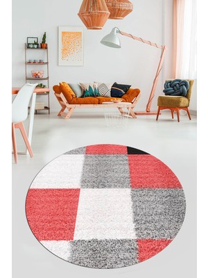 Evdeya 3D Baskılı Kaymaz Yıkanabilir Yuvarlak Mutfak Halısı Salon Halısı Y-Modern-53-Pembe