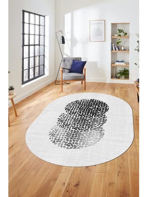 Evdeya Baskılı Kaymaz Taban Yıkanabilir Modern Yolluk Mutfak Oval Salon Halısı O-Modern-01-Beyaz