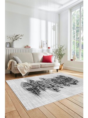 Evdeya Baskılı Kaymaz Yıkanabilir Modern Yaprak Desen Yolluk Salon Halısı Modern-50-Gri