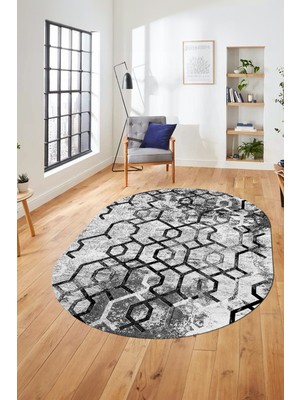 Evdeya Baskılı Kaymaz Taban Yıkanabilir Şık Modern Yolluk Mutfak Oval Salon Halısı O-Modern-03-Gri