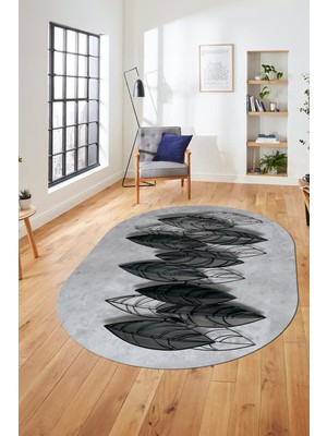 Evdeya Baskılı Kaymaz Taban Yıkanabilir Yaprak Desenli Yolluk Mutfak Oval Salon Halısı O-Modern-08-Gri