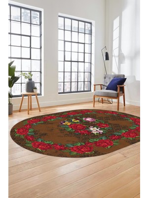 Evdeya Modern Çiçek Dijital Kaymaz Yıkanabilir Oval Yolluk Mutfak Salon Halısı O-Modern-21-Kahve