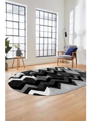 Evdeya Etnik Modern Desen Dijital Kaymaz Yıkanabilir Oval Yolluk Mutfak Salon Halısı O-Modern-24-Antrasit