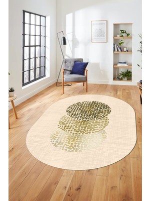 Evdeya Baskılı Kaymaz Taban Yıkanabilir Modern Yolluk Mutfak Oval Salon Halısı O-Modern-01-Krem