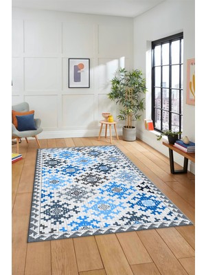 Evdeya Etnik Modern Desenli Dijital Kaymaz Yıkanabilir Yolluk Mutfak Salon Halısı Modern-14-Mavi