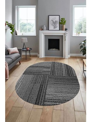 Evdeya 3D Modern Kilim Desen Dijital Kaymaz Yıkanabilir Oval Yolluk Mutfak Salon Halısı O-Modern-34-Gri