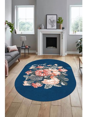 Evdeya 3D Modern Çiçek Desen Dijital Kaymaz Yıkanabilir Oval Yolluk Salon Halısı O-Modern-35-Mavi