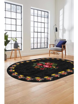 Evdeya Modern Çiçek Dijital Kaymaz Yıkanabilir Oval Yolluk Mutfak Salon Halısı O-Modern-20-Antrasit