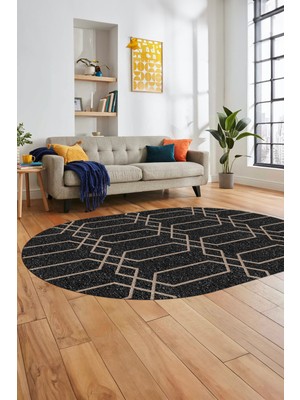 Evdeya Şık Sade Desen Özel Dijital Kaymaz Yıkanabilir Oval Yolluk Salon Halısı O-Modern-88-Antrasit