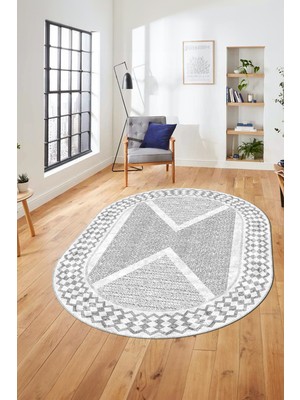 Evdeya Baskılı Ince Kaymaz Taban Yıkanabilir Modern Yolluk Mutfak Oval Salon Halısı O-Modern-07-Gri