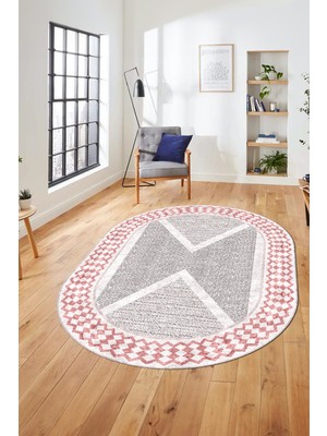 Evdeya Baskılı Ince Kaymaz Taban Yıkanabilir Modern Yolluk Mutfak Oval Salon Halısı O-Modern-07-Pembe