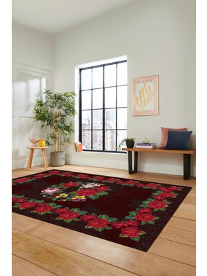 Evdeya Modern Çiçek Desenli Dijital Kaymaz Yıkanabilir Yolluk Mutfak Salon Halısı Modern-21-Bordo